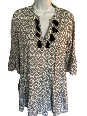 Good Vibes Boho Black & White Geometric Tassel Dress - M